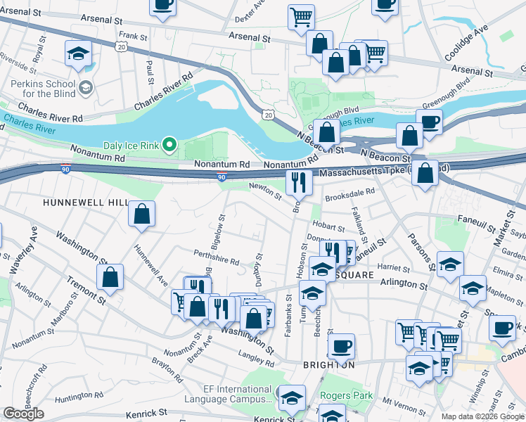 map of restaurants, bars, coffee shops, grocery stores, and more near 183 Bigelow Street in Boston
