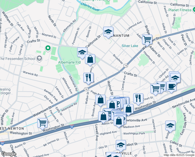 map of restaurants, bars, coffee shops, grocery stores, and more near 611 Watertown Street in Newton