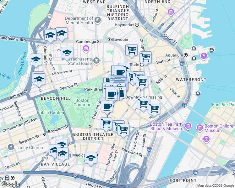 map of restaurants, bars, coffee shops, grocery stores, and more near 1 Winter Street in Boston