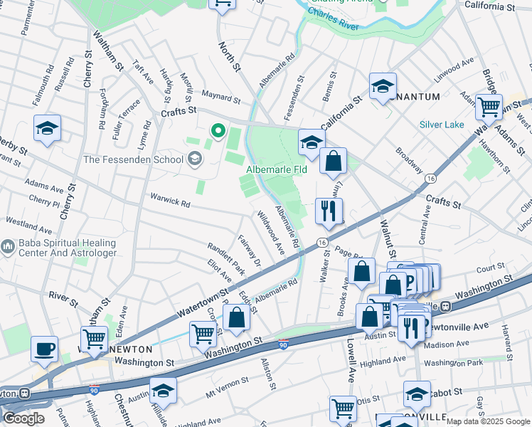 map of restaurants, bars, coffee shops, grocery stores, and more near 28 Wildwood Avenue in Newton