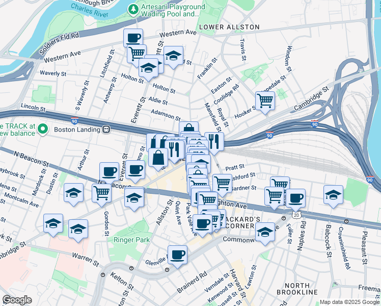 map of restaurants, bars, coffee shops, grocery stores, and more near in Boston