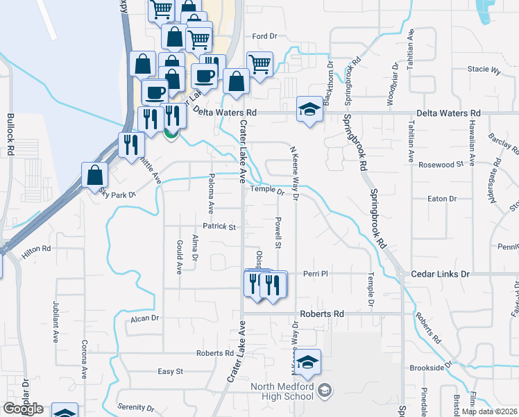 map of restaurants, bars, coffee shops, grocery stores, and more near 2029 Young Court in Medford