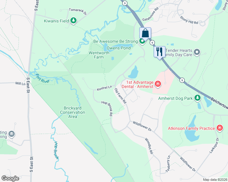 map of restaurants, bars, coffee shops, grocery stores, and more near 419 Old Farm Road in Amherst