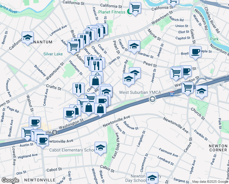 map of restaurants, bars, coffee shops, grocery stores, and more near 300 Adams Street in Newton