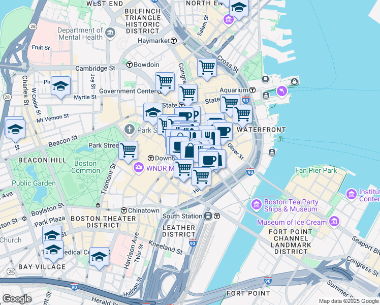 map of restaurants, bars, coffee shops, grocery stores, and more near 1 Federal Street in Boston