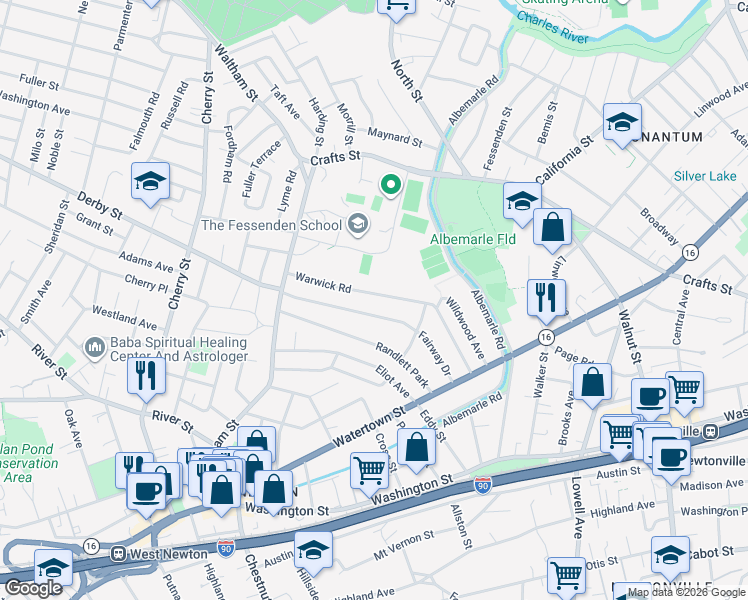 map of restaurants, bars, coffee shops, grocery stores, and more near 111 Fairway Drive in Newton
