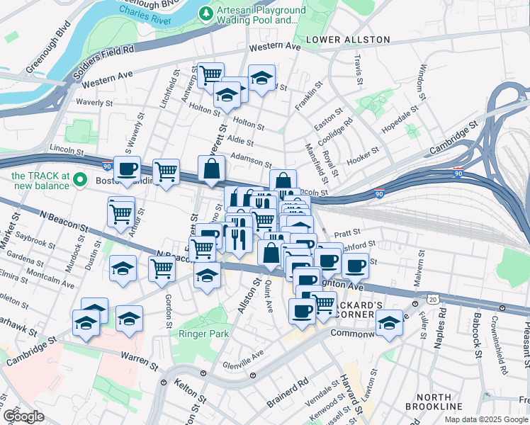 map of restaurants, bars, coffee shops, grocery stores, and more near 15 Denby Road in Boston