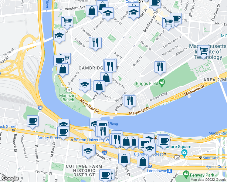 map of restaurants, bars, coffee shops, grocery stores, and more near Sidney St & Chestnut St in Cambridge