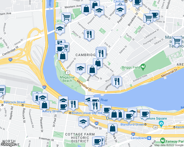 map of restaurants, bars, coffee shops, grocery stores, and more near Brookline St & Henry St in Cambridge