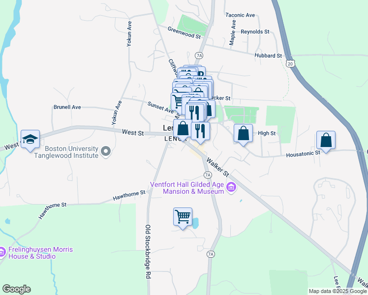 map of restaurants, bars, coffee shops, grocery stores, and more near 36 Walker Street in Lenox