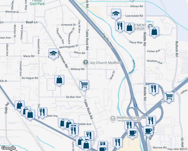 map of restaurants, bars, coffee shops, grocery stores, and more near 2620 Table Rock Road in Medford