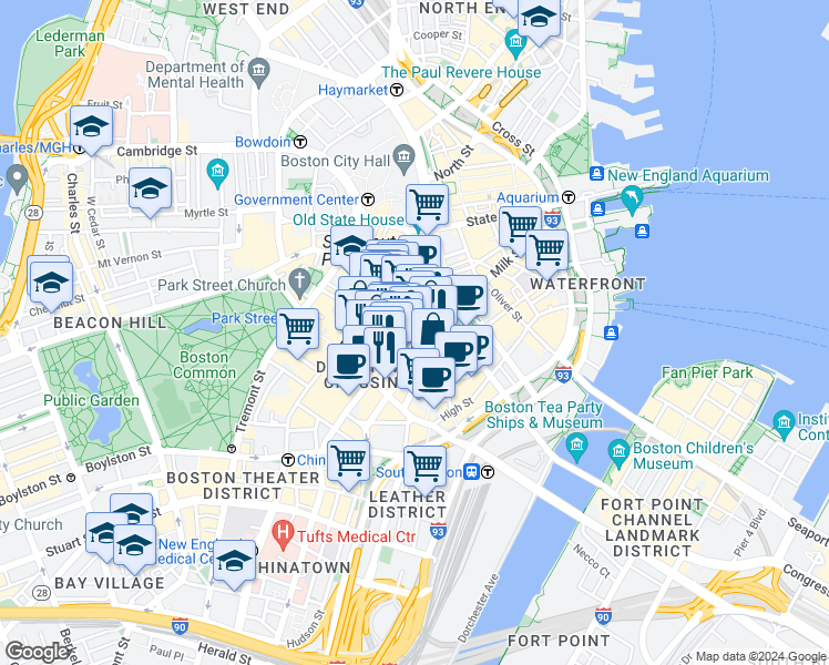 map of restaurants, bars, coffee shops, grocery stores, and more near 20 Winthrop Square in Boston