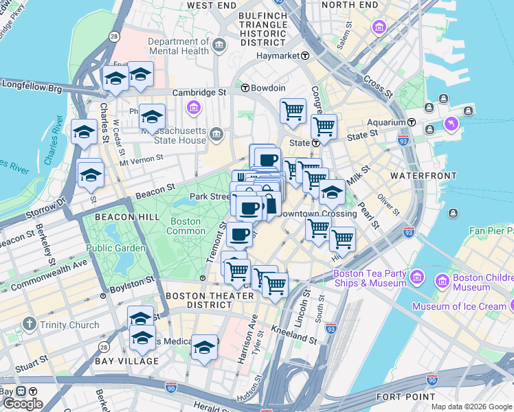 map of restaurants, bars, coffee shops, grocery stores, and more near 450 Washington Street in Boston