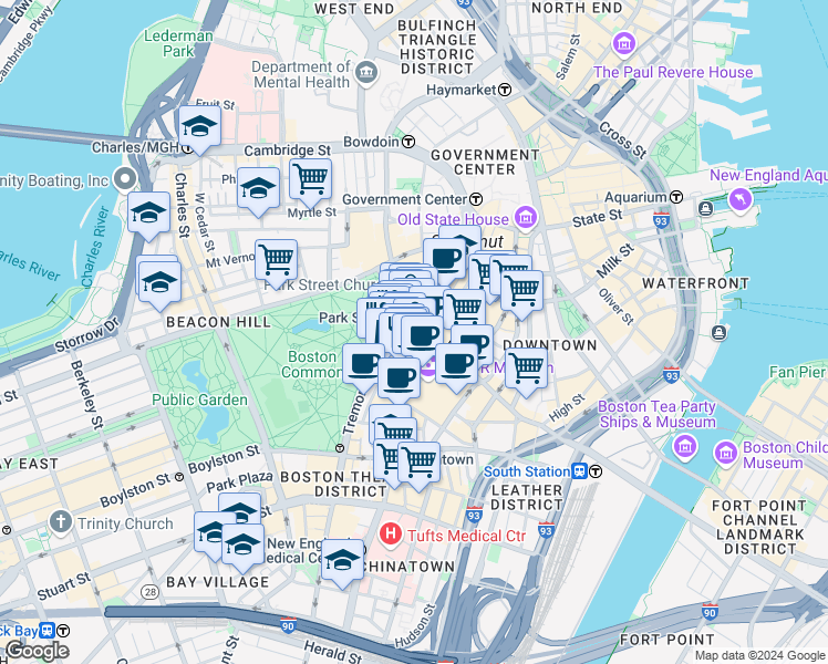 map of restaurants, bars, coffee shops, grocery stores, and more near in Boston
