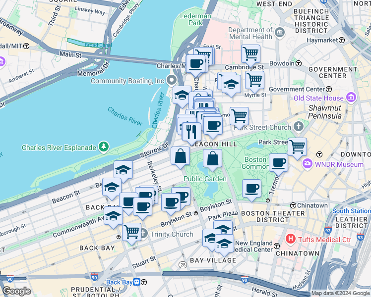 map of restaurants, bars, coffee shops, grocery stores, and more near 87 Beacon Street in Boston