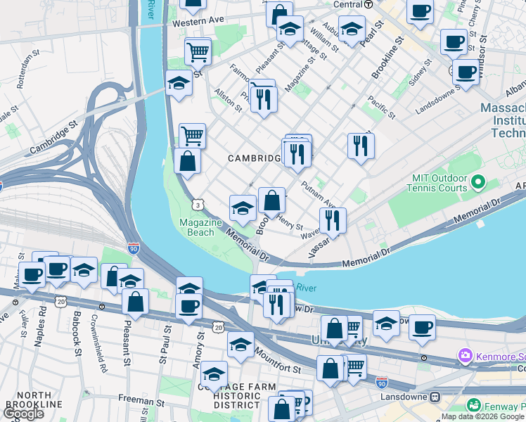 map of restaurants, bars, coffee shops, grocery stores, and more near 57 Granite Street in Cambridge