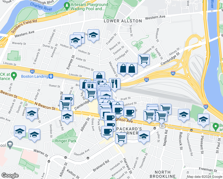 map of restaurants, bars, coffee shops, grocery stores, and more near 16 Highgate Street in Boston