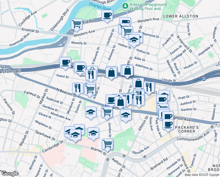 map of restaurants, bars, coffee shops, grocery stores, and more near 69 North Beacon Street in Boston