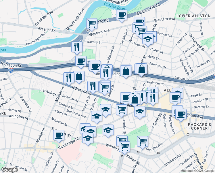 map of restaurants, bars, coffee shops, grocery stores, and more near 100 Arthur Street in Boston
