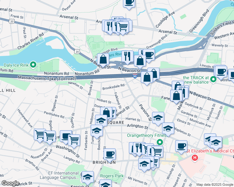 map of restaurants, bars, coffee shops, grocery stores, and more near 37-39 Falkland Street in Boston
