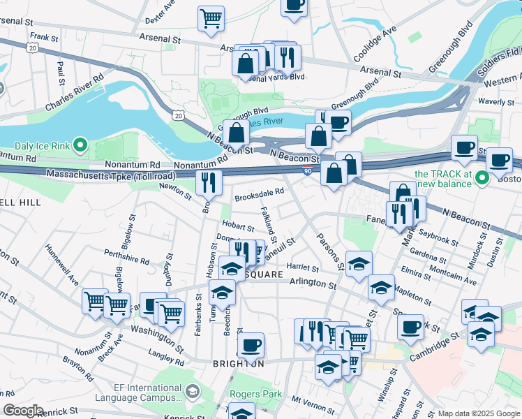 map of restaurants, bars, coffee shops, grocery stores, and more near 37-39 Falkland Street in Boston