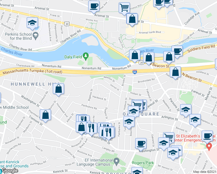 map of restaurants, bars, coffee shops, grocery stores, and more near 183 Bigelow Street in Boston