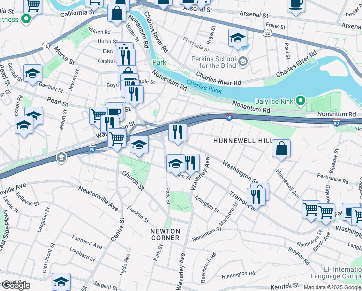 map of restaurants, bars, coffee shops, grocery stores, and more near 15 Hibbard Road in Newton