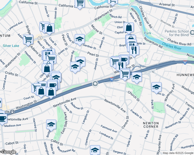 map of restaurants, bars, coffee shops, grocery stores, and more near in Newton