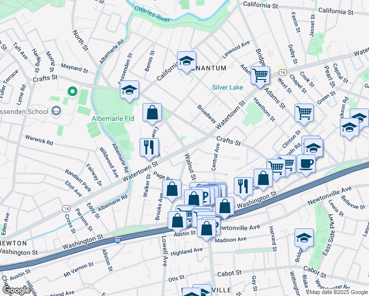 map of restaurants, bars, coffee shops, grocery stores, and more near in Newton