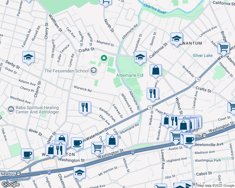 map of restaurants, bars, coffee shops, grocery stores, and more near 138 Warwick Road in Newton