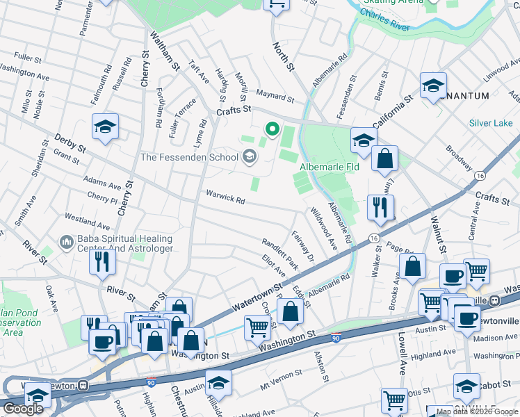 map of restaurants, bars, coffee shops, grocery stores, and more near 111 Fairway Drive in Newton