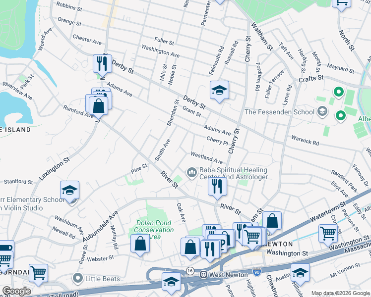 map of restaurants, bars, coffee shops, grocery stores, and more near 60 Westland Avenue in Newton