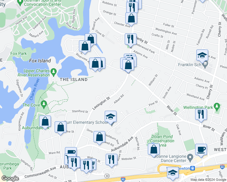 map of restaurants, bars, coffee shops, grocery stores, and more near 12 Roberta Road in Newton