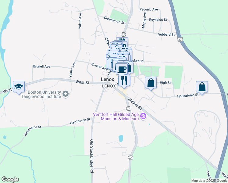 map of restaurants, bars, coffee shops, grocery stores, and more near 36 Walker Street in Lenox
