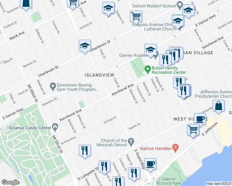 map of restaurants, bars, coffee shops, grocery stores, and more near 420 East Grand Boulevard in Detroit