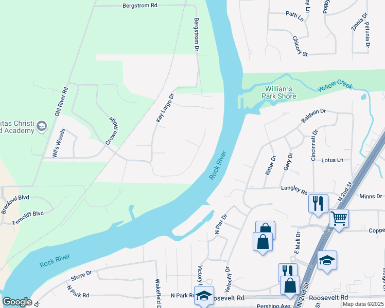 map of restaurants, bars, coffee shops, grocery stores, and more near 1206 Key West Drive in Machesney Park