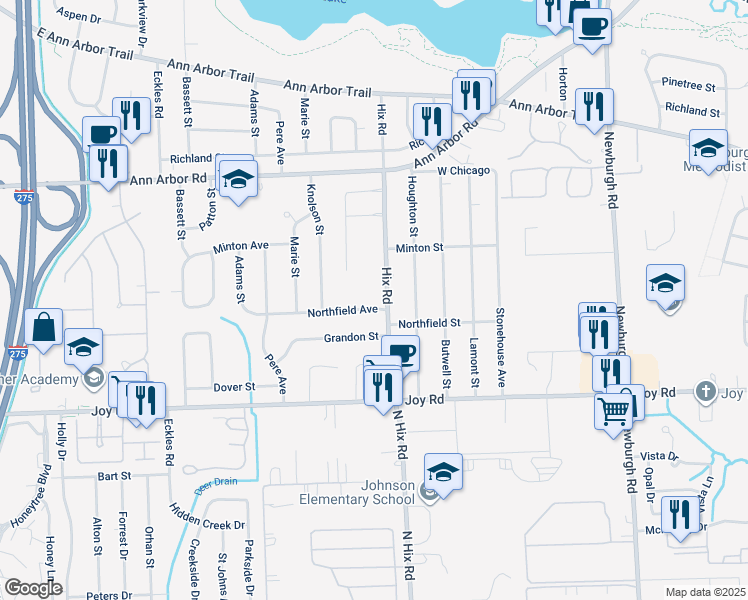 map of restaurants, bars, coffee shops, grocery stores, and more near 38433 Northfield Avenue in Livonia