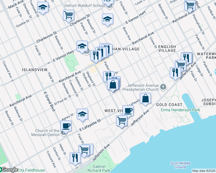 map of restaurants, bars, coffee shops, grocery stores, and more near 1462 Van Dyke in Detroit