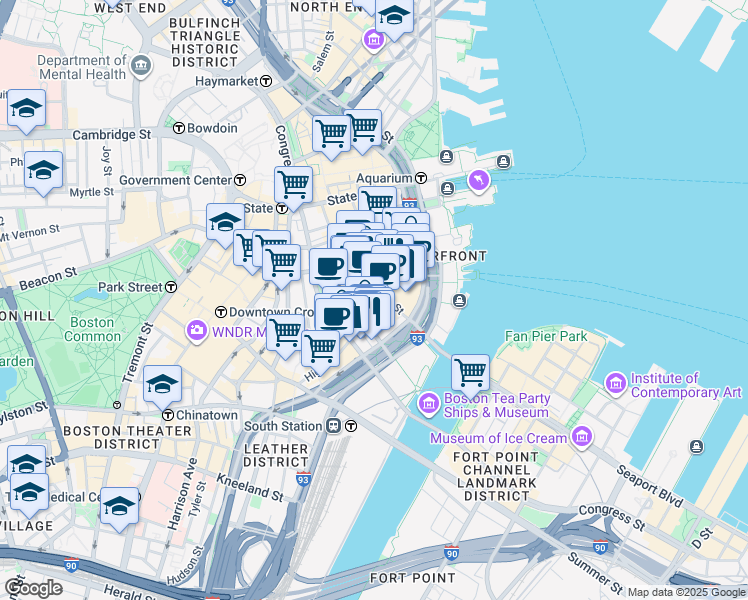 map of restaurants, bars, coffee shops, grocery stores, and more near 225 Franklin Street in Boston