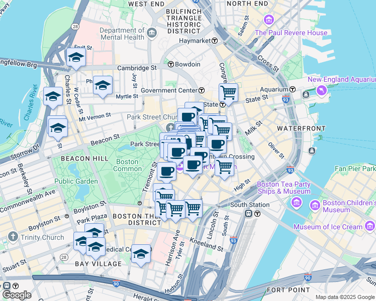 map of restaurants, bars, coffee shops, grocery stores, and more near in Boston