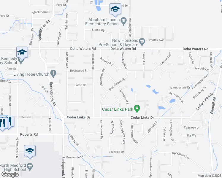 map of restaurants, bars, coffee shops, grocery stores, and more near 2646 Stonebrook Drive in Medford