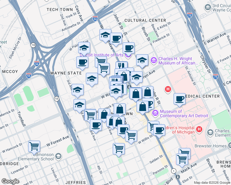 map of restaurants, bars, coffee shops, grocery stores, and more near 489 Warren Ave W in Detroit