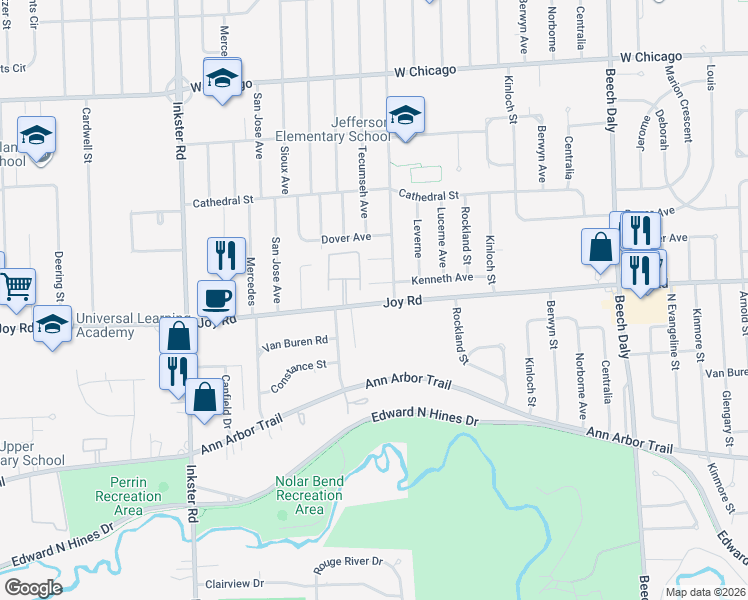 map of restaurants, bars, coffee shops, grocery stores, and more near 8756 Columbia Street in Dearborn Heights