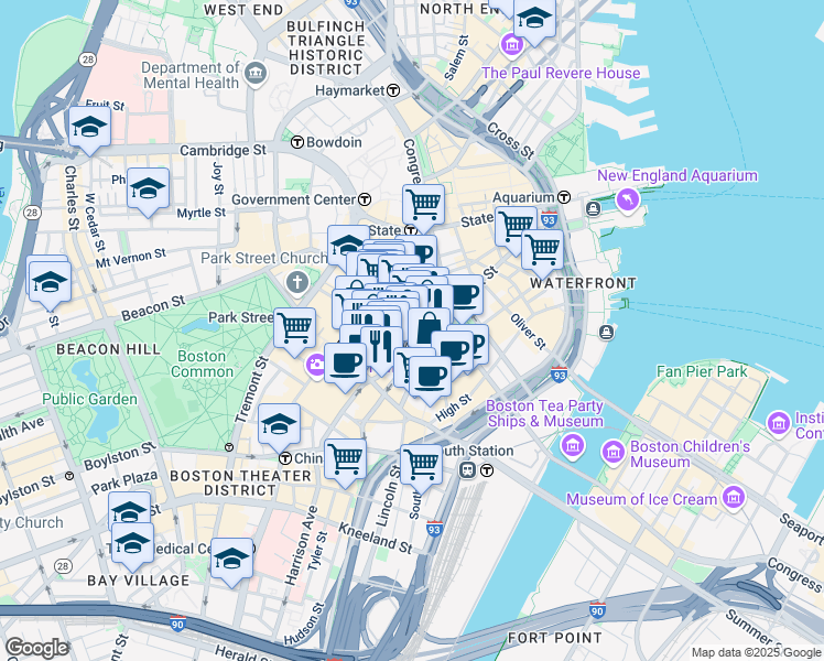 map of restaurants, bars, coffee shops, grocery stores, and more near 20 Winthrop Square in Boston