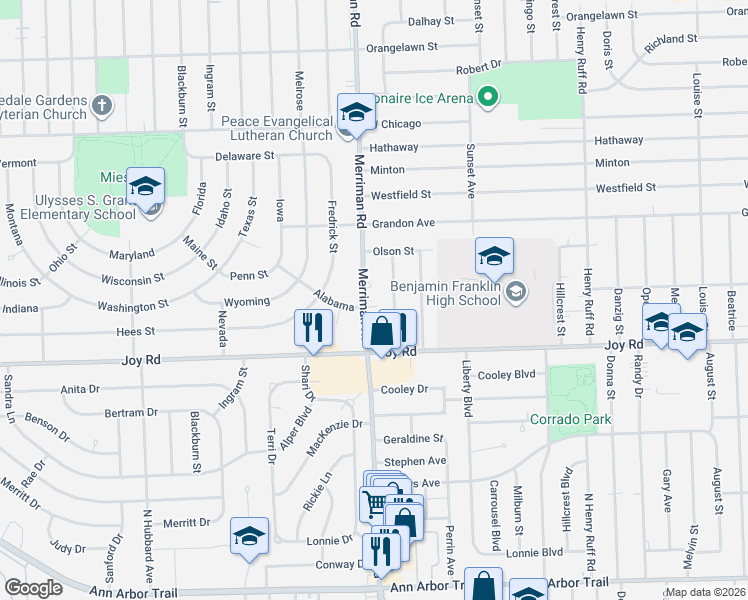 map of restaurants, bars, coffee shops, grocery stores, and more near 8885 Merriman Road in Livonia