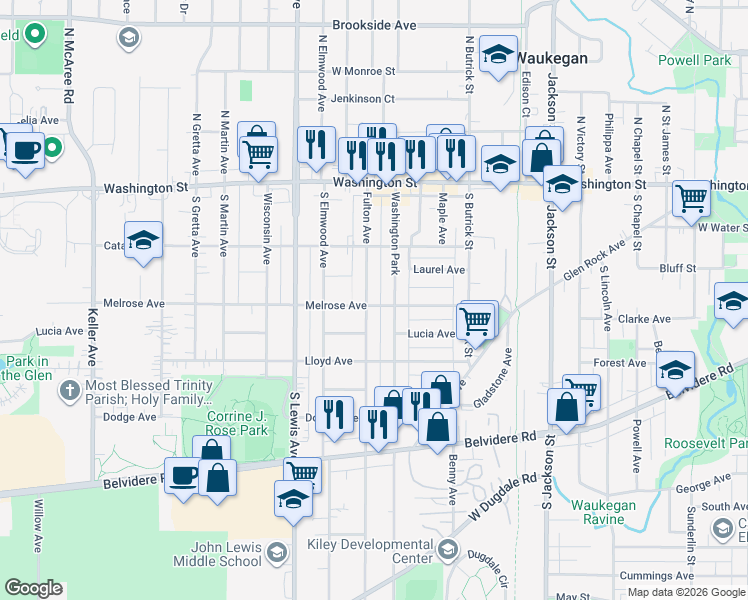 map of restaurants, bars, coffee shops, grocery stores, and more near 206 Washington Park in Waukegan