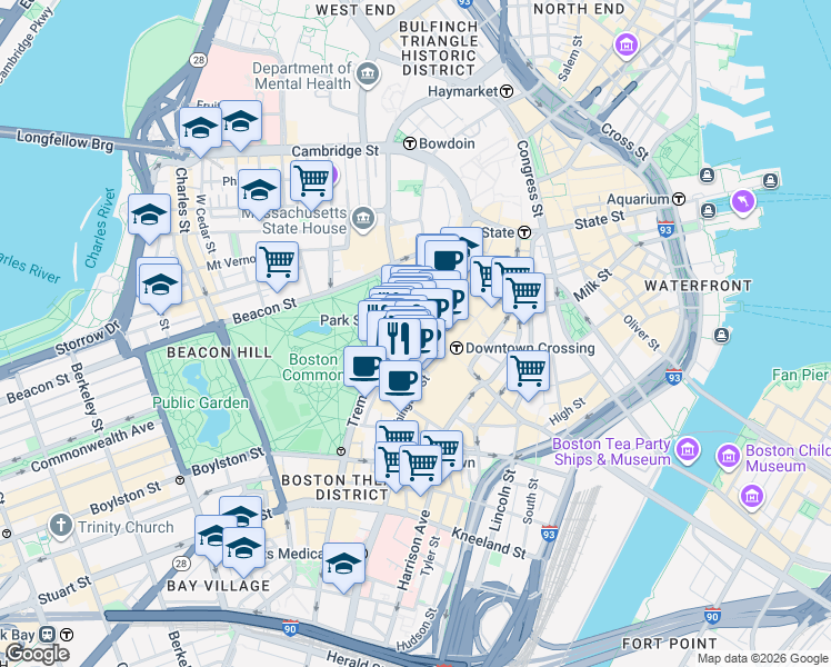 map of restaurants, bars, coffee shops, grocery stores, and more near in Boston
