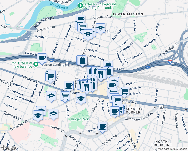 map of restaurants, bars, coffee shops, grocery stores, and more near 80 Rugg Road in Boston