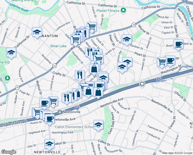 map of restaurants, bars, coffee shops, grocery stores, and more near 40 Lincoln Road in Newton