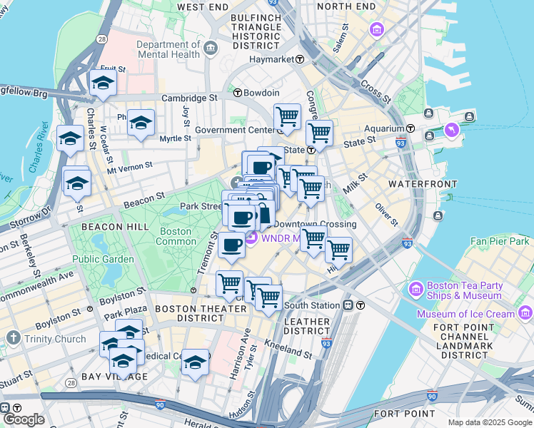 map of restaurants, bars, coffee shops, grocery stores, and more near 450 Washington Street in Boston